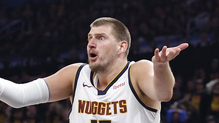May 5, 2025; Oklahoma City, Oklahoma, USA; Denver Nuggets center Nikola Jokic (15) reacts after a play against the Oklahoma City Thunder during the second half in game one of the second round for the 2025 NBA Playoffs at Paycom Center. Mandatory Credit: Alonzo Adams-Imagn Images