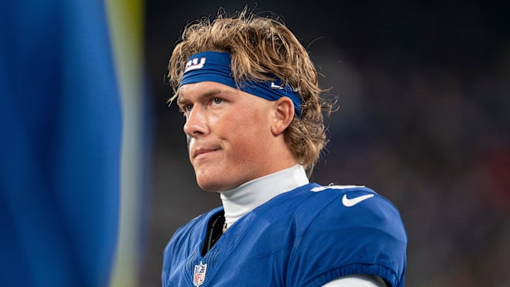 New York Giants quarterback Jaxson Dart (6) stands on the sideline during a Thursday Night Football game between the New York Giants and the Philadelphia Eagles at MetLife Stadium in East Rutherford on Oct. 9, 2025.