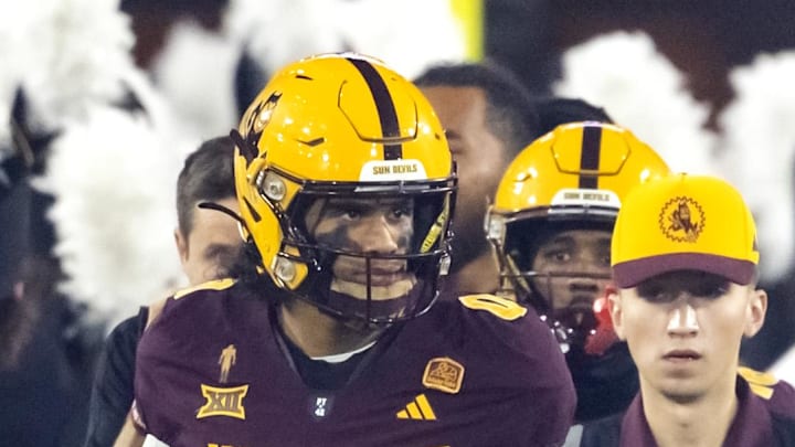 Nov 28, 2025; Tempe, Arizona, USA; Arizona State Sun Devils wide receiver Jordyn Tyson (0) against the Arizona Wildcats during the 99th Territorial Cup at Mountain America Stadium. Mandatory Credit: Mark J. Rebilas-Imagn Images
