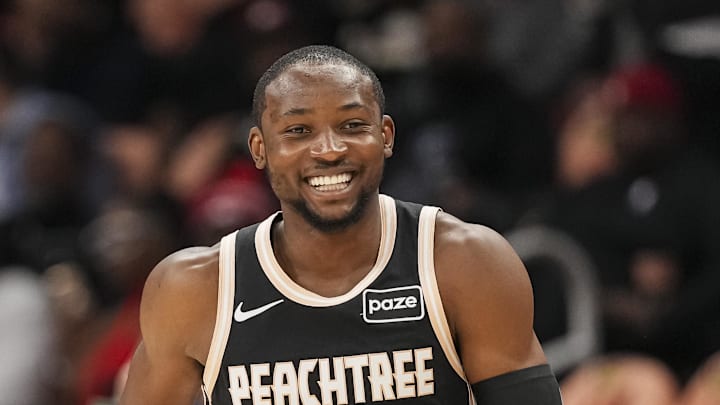 Jonathan Kuminga (0) reacts after making a three point shot against the Washington Wizards during the first half at State Farm Arena Jonathan Kuminga (0) reacts after making a three point shot against the Washington Wizards during the first half at State Farm Arena
