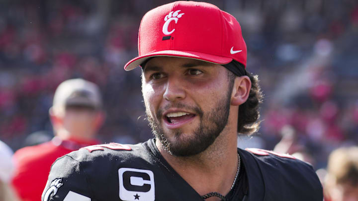 Oct 4, 2025; Cincinnati, Ohio, USA;  Cincinnati Bearcats quarterback Brendan Sorsby (2) runs off the field after defeating the Iowa State Cyclones at Nippert Stadium. Mandatory Credit: Aaron Doster-Imagn Images