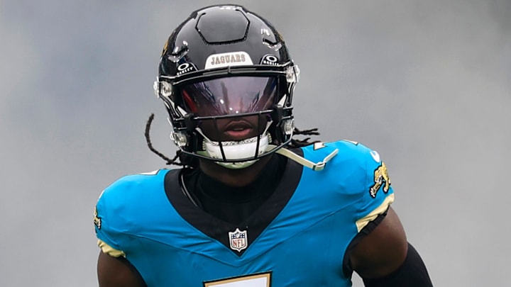 Jacksonville Jaguars wide receiver Brian Thomas Jr. (7) runs on the field before an NFL football matchup at EverBank Stadium, Sunday, Jan. 4, 2026, in Jacksonville, Fla. The Jaguars defeated the Titans 41-7, capturing the AFC South title. [Corey Perrine/Florida Times-Union]