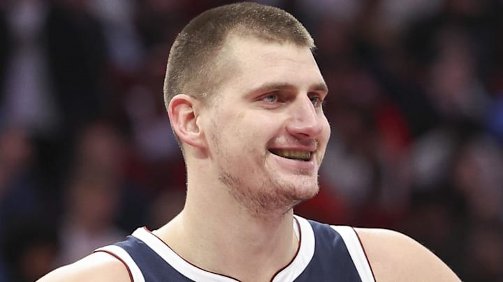 Nov 24, 2023; Houston, Texas, USA; Denver Nuggets center Nikola Jokic (15) smiles during the game against the Houston Rockets at Toyota Center. Mandatory Credit: Troy Taormina-Imagn Images