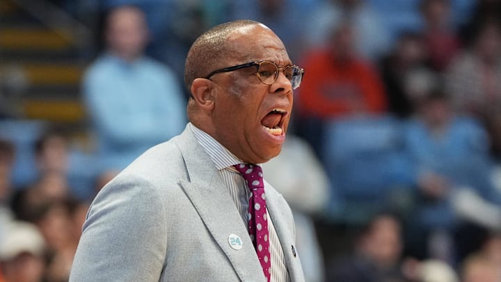 Feb 2, 2026; Chapel Hill, North Carolina, USA; North Carolina Tar Heels head coach Hubert Davis reacts in the first half at Dean E. Smith Center. Mandatory Credit: Bob Donnan-Imagn Images
