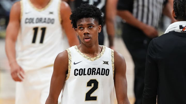 Jan 24, 2026; Boulder, Colorado, USA; Colorado Buffaloes guard Isaiah Johnson (2) following the loss in the second half against the UCF Knights at the CU Events Center. Mandatory Credit: Ron Chenoy-Imagn Images