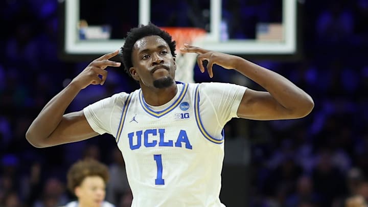 Mar 20, 2026; Philadelphia, PA, USA; UCLA Bruins center Xavier Booker (1) reacts against the UCF Knights in the first half during a first round game of the men's 2026 NCAA Tournament at Xfinity Mobile Arena. Mandatory Credit: Bill Streicher-Imagn Images
