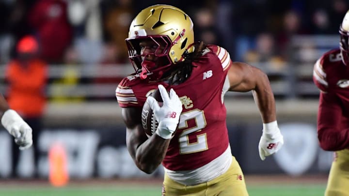 Nov 15, 2025; Chestnut Hill, Massachusetts, USA; Boston College Eagles running back Turbo Richard (2) runs with the ball during the second half against Georgia Tech Yellow Jackets at Alumni Stadium. Nov 15, 2025; Chestnut Hill, Massachusetts, USA; Boston College Eagles running back Turbo Richard (2) runs with the ball during the second half against Georgia Tech Yellow Jackets at Alumni Stadium.