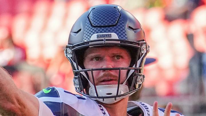 Seattle Seahawks quarterback Sam Darnold warms up against the Kansas City Chiefs. Seattle Seahawks quarterback Sam Darnold warms up against the Kansas City Chiefs.
