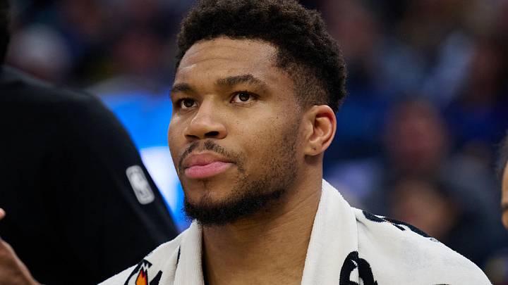 Jan 7, 2026; San Francisco, California, USA; Milwaukee Bucks forward Giannis Antetokounmpo (34) looks on from the bench against the Golden State Warriors during the second quarter at Chase Center. Mandatory Credit: Robert Edwards-Imagn Images