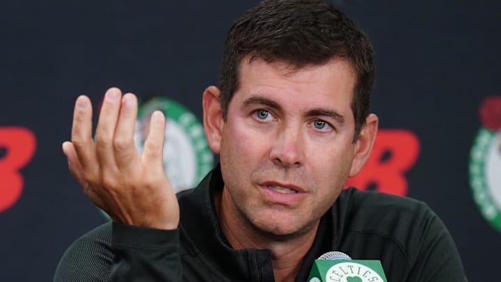 Sep 29, 2025; Boston, MA, USA; Boston Celtics president of basketball operations Brad Stevens talks to reporters during media day at the Auerbach Center. Mandatory Credit: David Butler II-Imagn Images