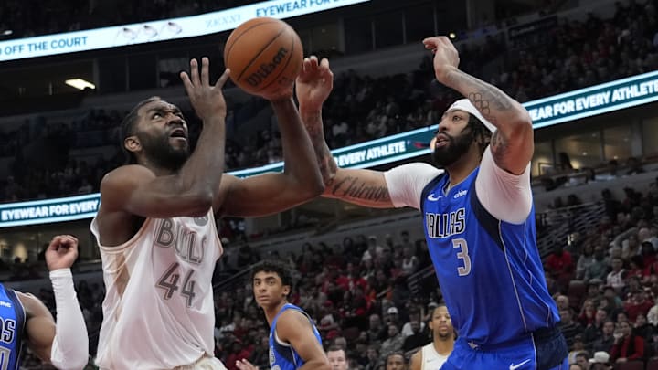 Mar 29, 2025; Chicago, Illinois, USA; Dallas Mavericks forward Anthony Davis (3) defends Chicago Bulls forward Patrick Williams (44) during the first half at United Center. Mandatory Credit: David Banks-Imagn Images Mar 29, 2025; Chicago, Illinois, USA; Dallas Mavericks forward Anthony Davis (3) defends Chicago Bulls forward Patrick Williams (44) during the first half at United Center. Mandatory Credit: David Banks-Imagn Images
