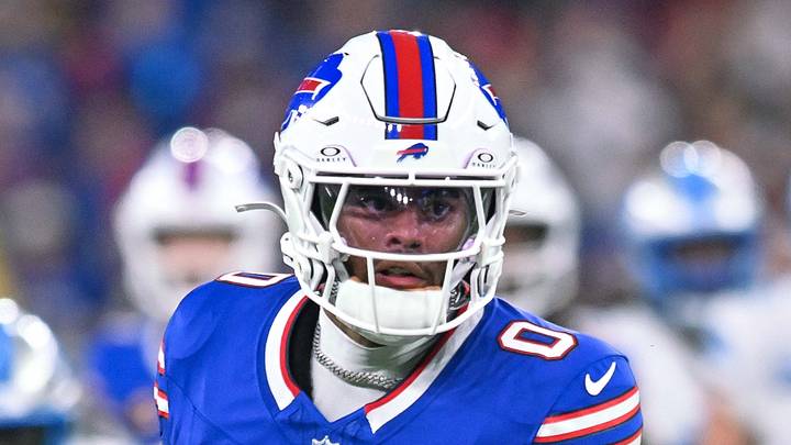 Sep 17, 2026; Orchard Park, New York, USA; Buffalo Bills wide receiver Keon Coleman (0) runs after making a catch against the Detroit Lions in the first half at New Highmark Stadium. Mandatory Credit: Mark Konezny-Imagn Images