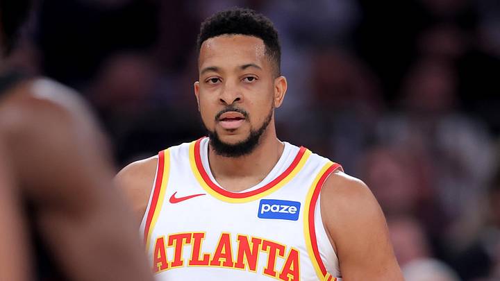 Atlanta Hawks guard CJ McCollum (3) reacts during the first quarter of game five of the first round of the 2026 NBA Playoffs against the New York Knicks at Madison Square Garden on April 28, 2026. Atlanta Hawks guard CJ McCollum (3) reacts during the first quarter of game five of the first round of the 2026 NBA Playoffs against the New York Knicks at Madison Square Garden on April 28, 2026.
