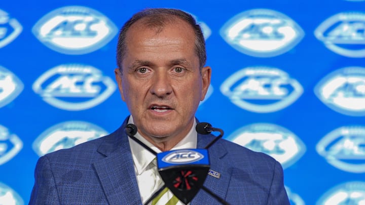 Jul 22, 2025; Charlotte, NC, USA; ACC commissioner Jim Phillips speaks to the media during ACC Media Days at Hilton Charlotte Uptown. Mandatory Credit: Jim Dedmon-Imagn Images
