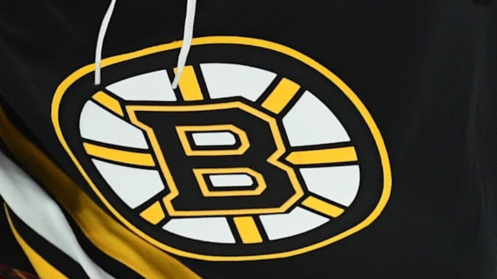 Apr 15, 2025; Boston, Massachusetts, USA;  Boston Bruins center John Farinacci (32) skates during the second period against the New Jersey Devils at TD Garden. Mandatory Credit: Bob DeChiara-Imagn Images