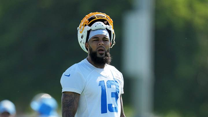 Jul 26, 2023; Costa Mesa, CA, USA; Los Angeles Chargers receiver Keenan Allen (13) reacts during training camp at Jack Hammett Sports Complex. Mandatory Credit: Kirby Lee-USA TODAY Sports Jul 26, 2023; Costa Mesa, CA, USA; Los Angeles Chargers receiver Keenan Allen (13) reacts during training camp at Jack Hammett Sports Complex. Mandatory Credit: Kirby Lee-USA TODAY Sports