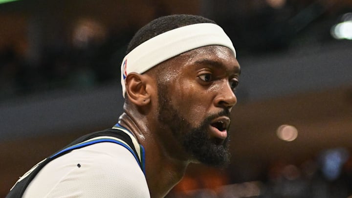 Milwaukee Bucks forward Bobby Portis reacts after scoring a basket against the Boston Celtics at Fiserv Forum on Apr 9, 2024.