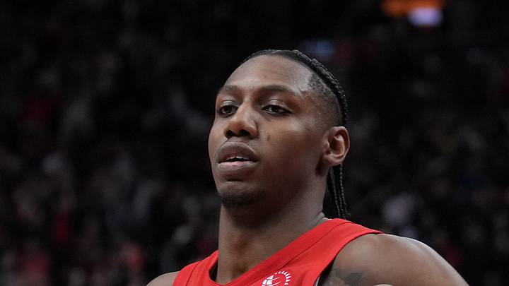 Toronto Raptors forward RJ Barrett celebrates after scoring the winning basket guard Ja'kobe Walter. Toronto Raptors forward RJ Barrett celebrates after scoring the winning basket guard Ja'kobe Walter.