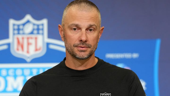 Feb 24, 2026; Indianapolis, IN, USA; Las Vegas Raiders general manager John Spytek speaks at the NFL Scouting Combine at the Indiana Convention Center. Mandatory Credit: Kirby Lee-Imagn Images
