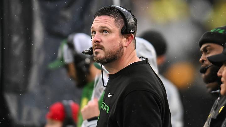 Nov 8, 2025; Iowa City, Iowa, USA; Oregon Ducks head coach Dan Lanning looks on during the first quarter against the Iowa Hawkeyes at Kinnick Stadium. Mandatory Credit: Jeffrey Becker-Imagn Images