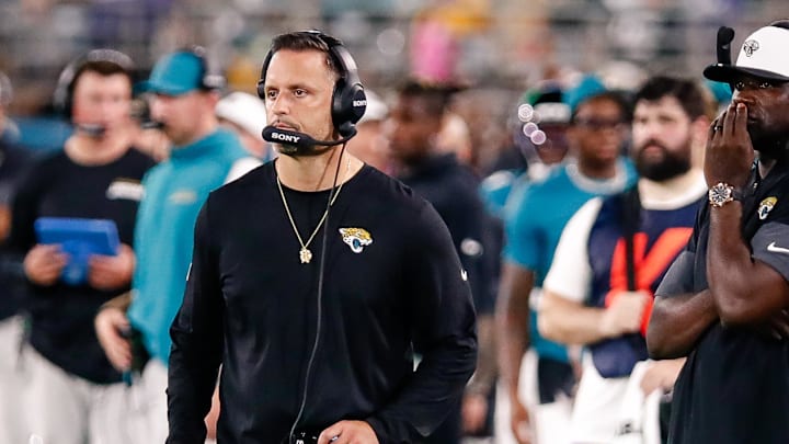 Aug 9, 2025; Jacksonville, Florida, USA; Jacksonville Jaguars defensive coordinator Anthony Campanile stands on the sidelines during a preseason game against the Pittsburgh Steelers at EverBank Stadium. Mandatory Credit: Travis Register-Imagn Images