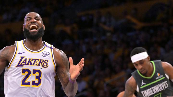 Apr 19, 2025; Los Angeles, California, USA;  Los Angeles Lakers forward LeBron James (23) reacts after missing a pass in the first quarter against the Minnesota Timberwolves at Crypto.com Arena. Mandatory Credit: Jayne Kamin-Oncea-Imagn Images