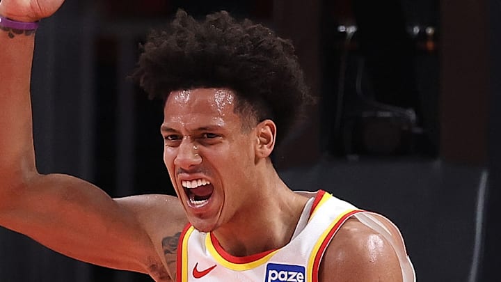 Jalen Johnson shouts against the Phoenix Suns