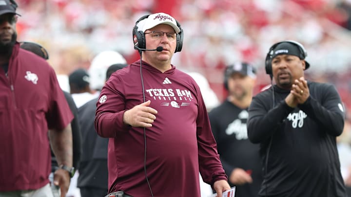 Texas A&M Aggies head coach Mike Elko during the first quarter against the Arkansas Razorbacks.