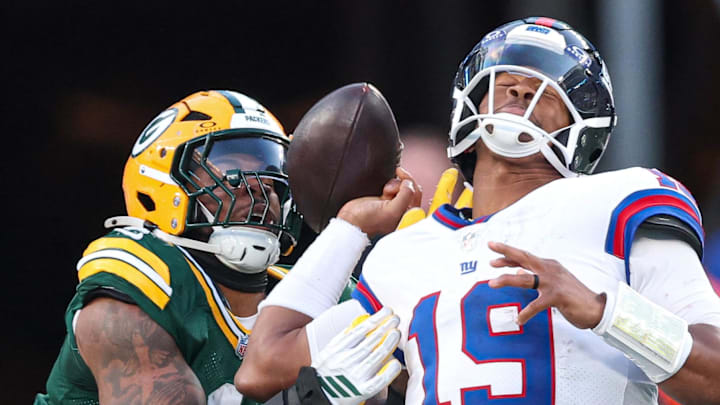 Green Bay Packers defensive end Micah Parsons (1) strip sacks New York Giants quarterback Jameis Winston. Green Bay Packers defensive end Micah Parsons (1) strip sacks New York Giants quarterback Jameis Winston.