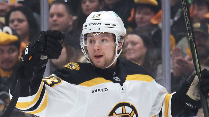 Apr 13, 2025; Pittsburgh, Pennsylvania, USA;  Boston Bruins right wing Fabian Lysell (23) reacts after scoring his first career NHL goal against the Pittsburgh Penguins during the second period at PPG Paints Arena. Mandatory Credit: Charles LeClaire-Imagn Images