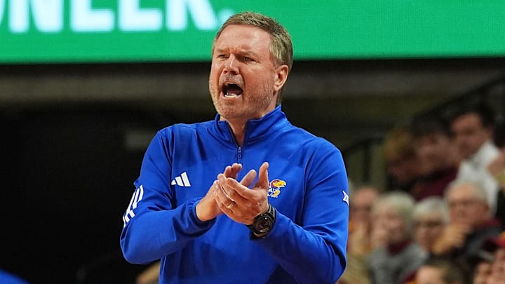 Kansas Jayhawks men's basketball head coach Bill Self reacts from the bench during the first half against Iowa State in the Big-12 men’s basketball showdown at Hilton Coliseum on Wednesday, Jan. 15, 2025 in Ames, Iowa. Kansas Jayhawks men's basketball head coach Bill Self reacts from the bench during the first half against Iowa State in the Big-12 men’s basketball showdown at Hilton Coliseum on Wednesday, Jan. 15, 2025 in Ames, Iowa.