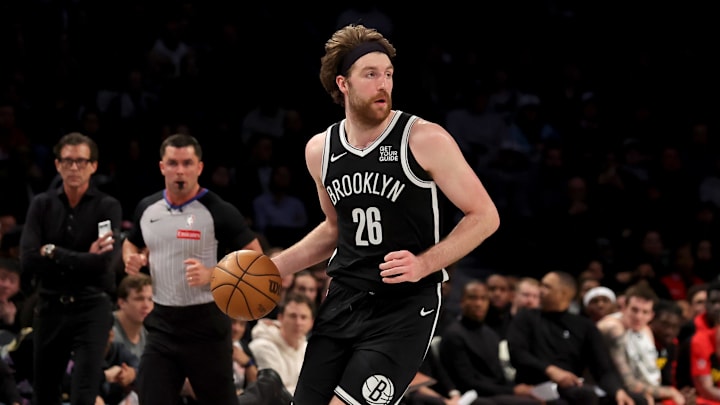 Brooklyn Nets forward Drew Timme (26) brings the ball up court against the Atlanta Hawks during the second quarter at Barclays Center.