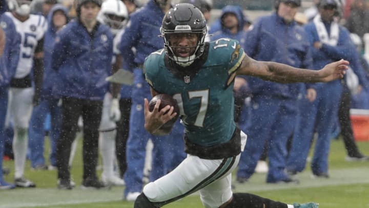 Dec 7, 2025; Jacksonville, Florida, USA; Jacksonville Jaguars wide receiver Tim Patrick (17) runs after the catch against the Indianapolis Colts during the second half at EverBank Stadium. Dec 7, 2025; Jacksonville, Florida, USA; Jacksonville Jaguars wide receiver Tim Patrick (17) runs after the catch against the Indianapolis Colts during the second half at EverBank Stadium.