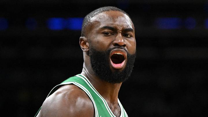 Dec 2, 2025; Boston, Massachusetts, USA; Boston Celtics guard Jaylen Brown (7) reacts after scoring against the New York Knicks during the second half at the TD Garden. Mandatory Credit: Brian Fluharty-Imagn Images