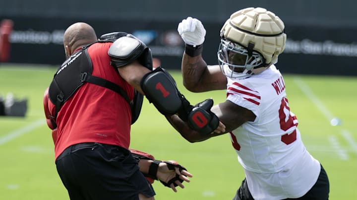 Jul 23, 2025; Santa Clara, CA, USA; San Francisco 49ers defensive end Mykel Williams (98) works on a blocking drill during the first day of training camp at SAP Performance Facility. Mandatory Credit: D. Ross Cameron-Imagn Images