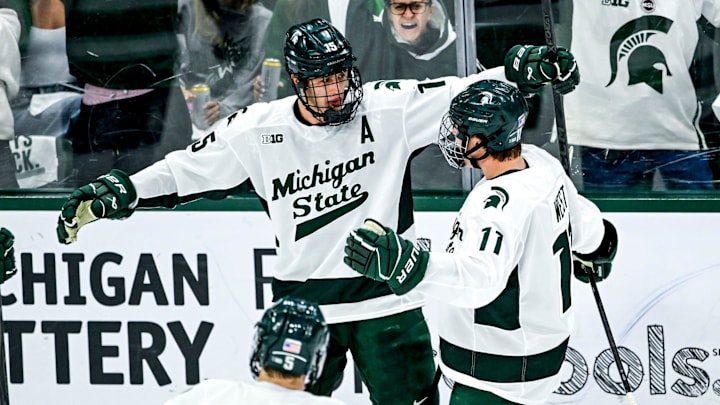 Michigan State's Charlie Stramel, left, celebrates his goal with Owen West during the second period against New Hampshire on Thursday, Oct. 9, 2025, at Munn Ice Arena in East Lansing.