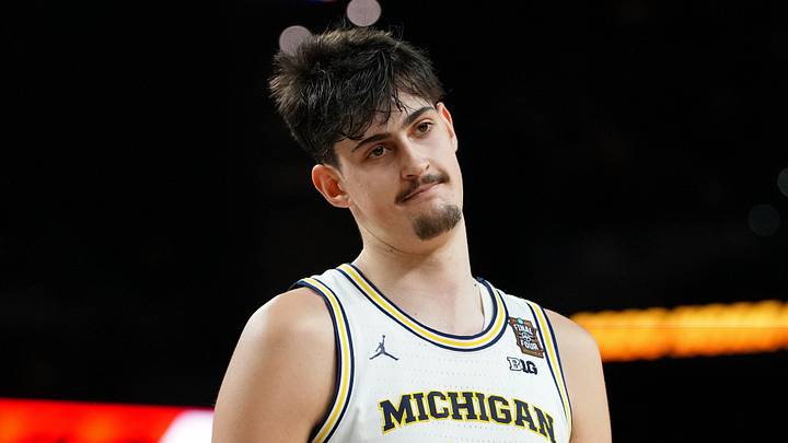 Apr 6, 2026; Indianapolis, IN, USA; Michigan Wolverines center Aday Mara (15) reacts after a play against the UConn Huskies during the first half in the national championship of the Final Four of the men's 2026 NCAA Tournament between the and the Michigan Wolverines at Lucas Oil Stadium. Mandatory Credit: Bob Donnan-Imagn Images Apr 6, 2026; Indianapolis, IN, USA; Michigan Wolverines center Aday Mara (15) reacts after a play against the UConn Huskies during the first half in the national championship of the Final Four of the men's 2026 NCAA Tournament between the and the Michigan Wolverines at Lucas Oil Stadium. Mandatory Credit: Bob Donnan-Imagn Images