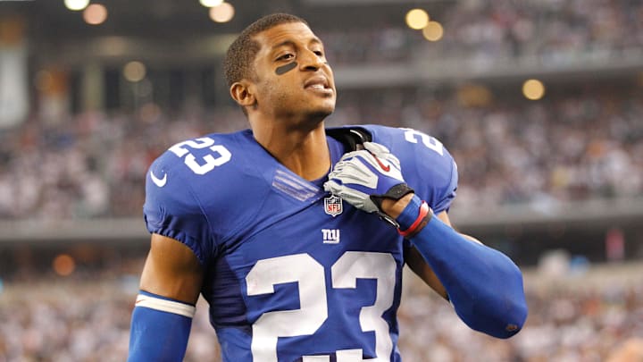 Sep 8, 2013; Arlington, TX, USA; New York Giants cornerback Corey Webster (23) on the sidelines during the game against the Dallas Cowboys at AT&T Stadium. Sep 8, 2013; Arlington, TX, USA; New York Giants cornerback Corey Webster (23) on the sidelines during the game against the Dallas Cowboys at AT&T Stadium.