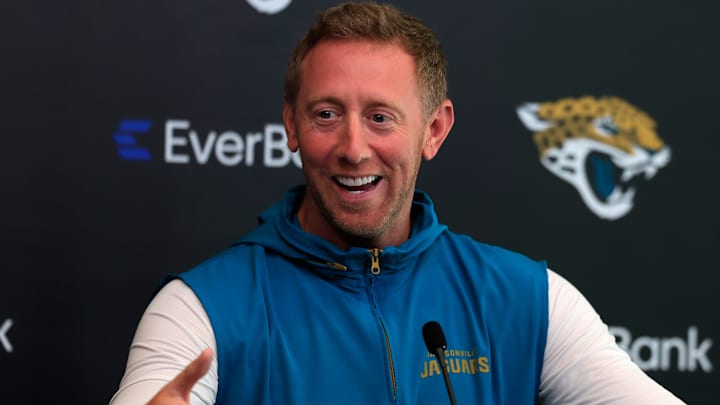 Jacksonville Jaguars head coach Liam Coen speaks during a press conference at the Miller Electric Center, Monday, April 20, 2026 in Jacksonville, Fla.