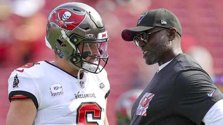 Oct 22, 2023; Tampa, Florida, USA; Tampa Bay Buccaneers quarterback Baker Mayfield (6) speaks to head coach Todd Bowles before a game against the Atlanta Falcons at Raymond James Stadium. Mandatory Credit: Nathan Ray Seebeck-Imagn Images Oct 22, 2023; Tampa, Florida, USA; Tampa Bay Buccaneers quarterback Baker Mayfield (6) speaks to head coach Todd Bowles before a game against the Atlanta Falcons at Raymond James Stadium. Mandatory Credit: Nathan Ray Seebeck-Imagn Images