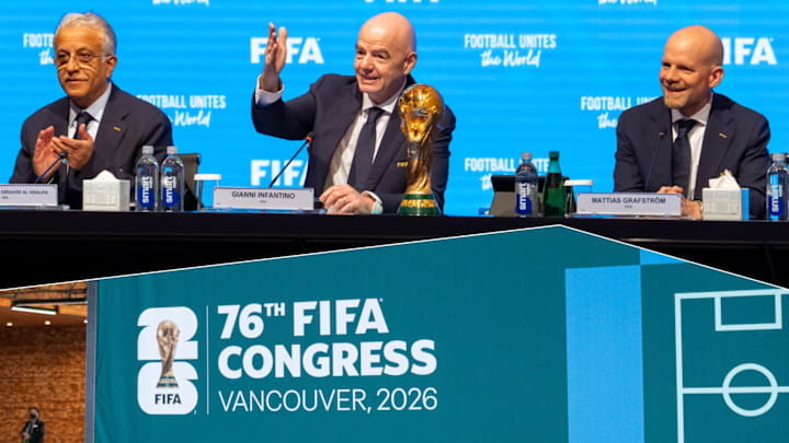 Gianni Infantino (center) and soccer’s most significant decision makers are in the World Cup host city of Vancouver this week. 