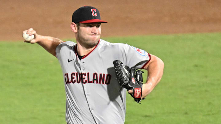 Sep 5, 2025; St. Petersburg, Florida, USA; Cleveland Guardians starting pitcher Gavin Williams (32) throws a pitch in the second inning against the Tampa Bay Rays  at George M. Steinbrenner Field. Mandatory Credit: Jonathan Dyer-Imagn Images
