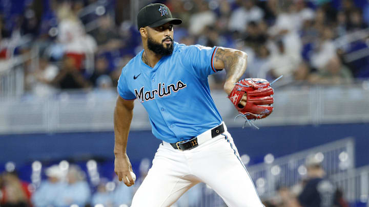 Jun 22, 2025; Miami, Florida, USA;  Miami Marlins starting pitcher Sandy Alcantara (22) pitches against the Atlanta Braves during the first inning at loanDepot Park. Mandatory Credit: Rhona Wise-Imagn Images