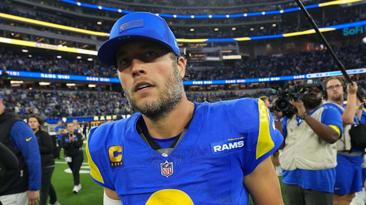 Dec 14, 2025; Inglewood, California, USA; Los Angeles Rams quarterback Matthew Stafford (9) walks off the field after the game against the Detroit Lions at SoFi Stadium. Mandatory Credit: Kirby Lee-Imagn Images