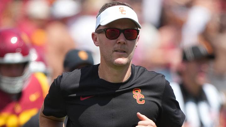 Aug 29, 2026; Los Angeles, California, USA; Southern California Trojans head coach Lincoln Riley during the game against the San Jose State Spartans at United Airlines Field at Los Angeles Memorial Coliseum. Mandatory Credit: Kirby Lee-Imagn Images