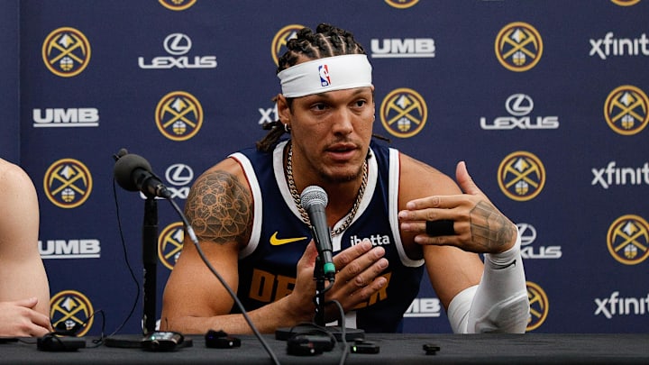 Sep 29, 2025; Denver, CO, USA; Denver Nuggets players Christian Braun (0) and Aaron Gordon (32) address the media during media day at Ball Arena. Mandatory Credit: Isaiah J. Downing-Imagn Images