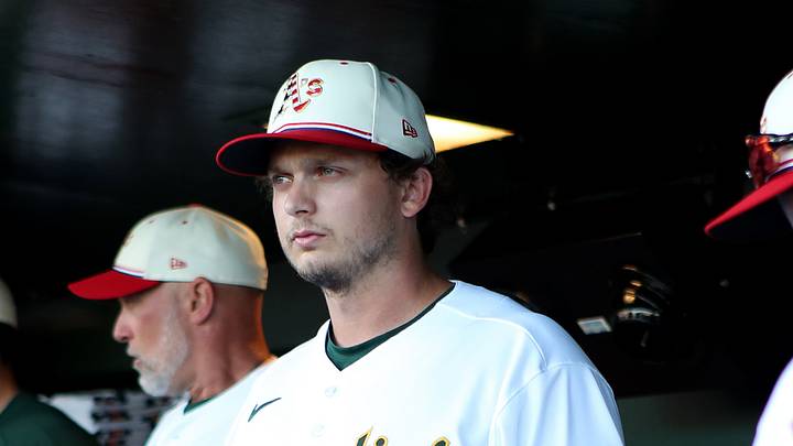 Jul 4, 2026; West Sacramento, California, USA; Athletics first baseman Nick Kurtz (16) looks on from the dugout before the start of a game between the Miami Marlins at Sutter Health Park. Mandatory Credit: Dennis Lee-Imagn Images Jul 4, 2026; West Sacramento, California, USA; Athletics first baseman Nick Kurtz (16) looks on from the dugout before the start of a game between the Miami Marlins at Sutter Health Park. Mandatory Credit: Dennis Lee-Imagn Images