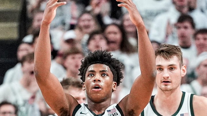 Michigan State guard Jeremy Fears Jr. (1) celebrates a play against Michigan during the second half at Breslin Center in East Lansing on Friday, Jan. 30, 2026.