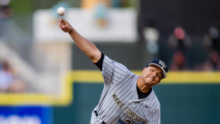 May 24, 2024; Charlotte, NC, USA; Wake Forest pitcher Chase Burns (29) starts against the North Carolina Tar Heels during the ACC Baseball Tournament at Truist Field. Mandatory Credit: Scott Kinser-USA TODAY Sports