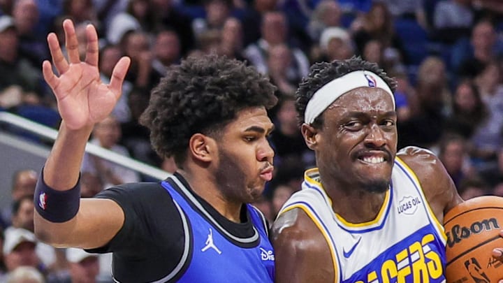 Indiana Pacers forward Pascal Siakam drives around Orlando Magic guard Jase Richardson.